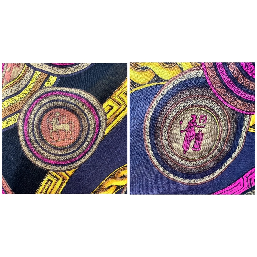 FENDI WOOL & SILK ZODIAC SIGNS IN BLUE, BLACK, PINK & GOLD FOULARD SCARF - Picture 14 of 14